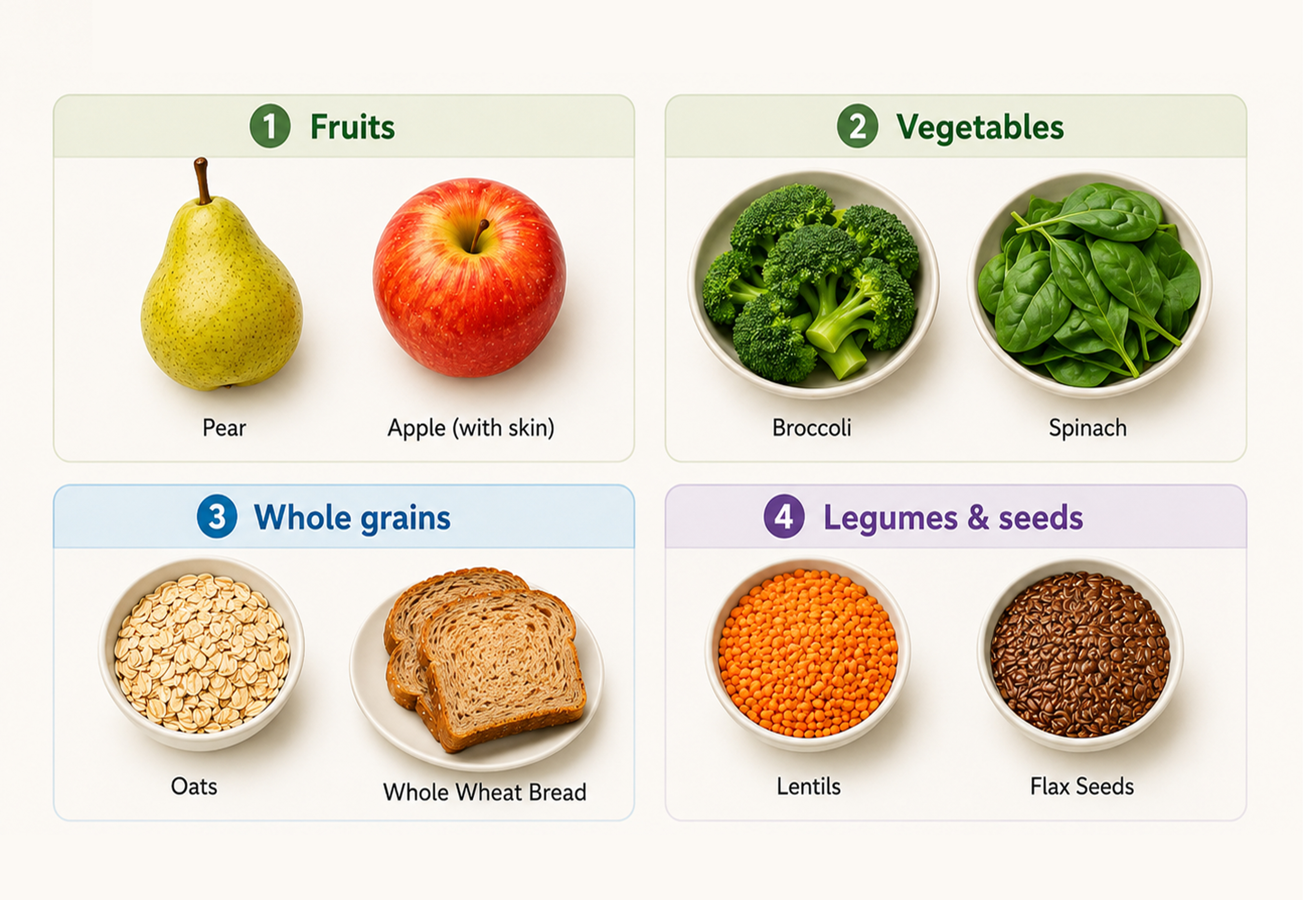 An infographic showing four healthy food groups: fruits (pear and apple), vegetables (broccoli and spinach), whole grains (oats and whole wheat bread), and legumes and seeds (lentils and flax seeds), each labeled with corresponding images.